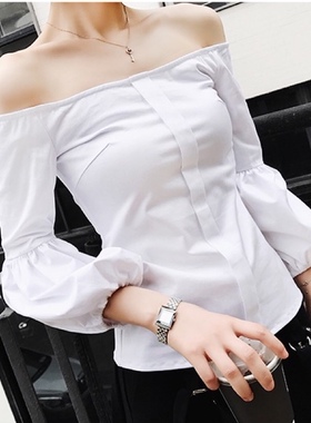 W七分袖白色衬衫女春夏新款 韩范修身喇叭袖一字肩 Alice