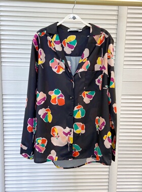 CAN2024夏季新款 法式小众时尚上衣女潮浪漫印花西装领长袖雪纺衫