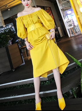 Alice女装新款夏季韩版高腰灯笼袖一字领中长款连衣裙W