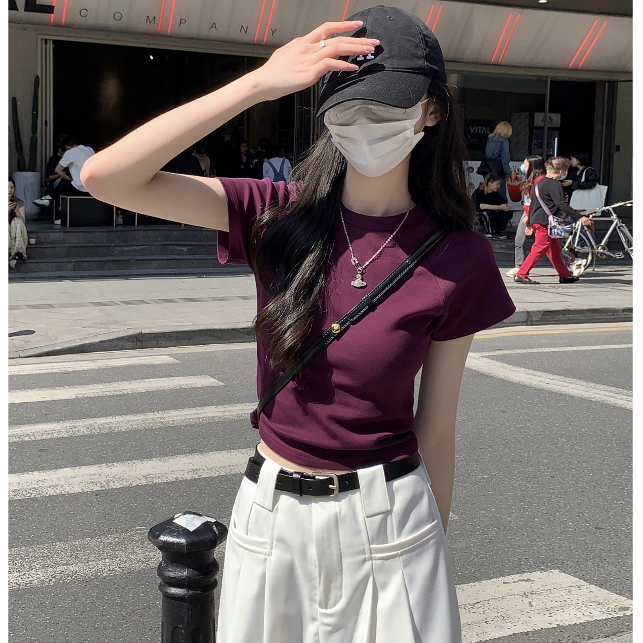 高腰短款T恤女夏新款圆领插肩上衣短袖打底衫