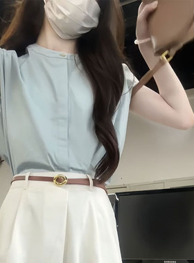 法式夏季绝美设计感衬衣百搭休闲气质显白浅蓝色小飞袖无袖衬衫女