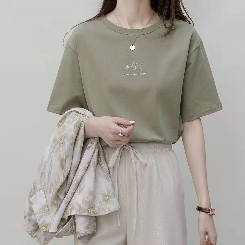 短袖韩版圆领t恤女夏季宽松植物印花休闲纯色火学生半袖上衣