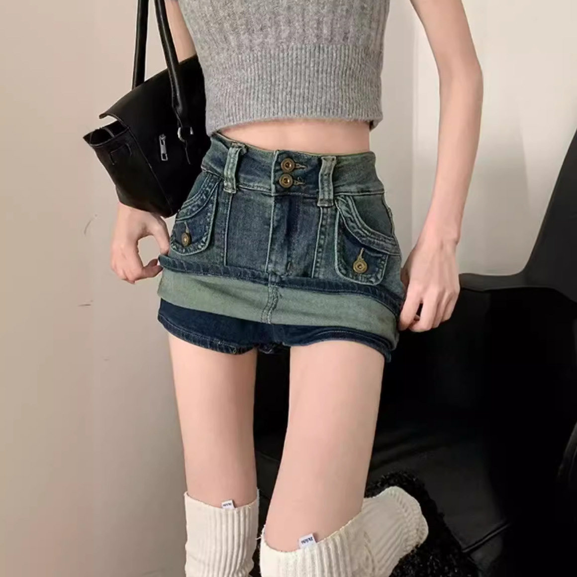 复古蓝牛仔半身短裙女夏季美式辣妹小个子高腰包臀裙子防走光裙裤