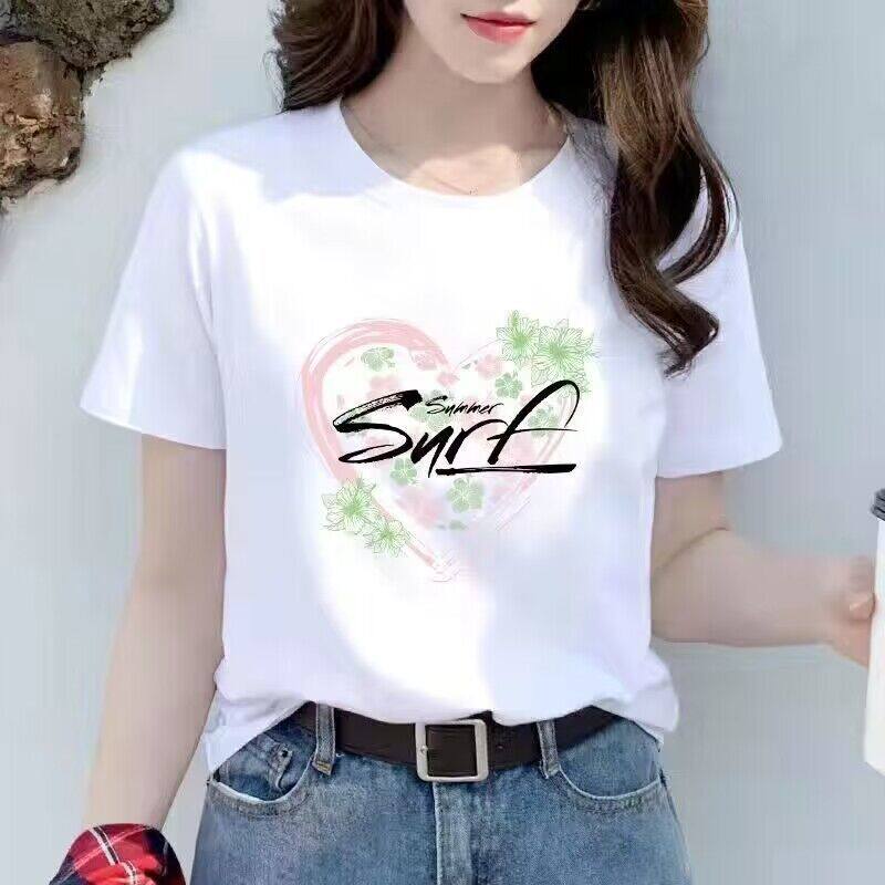 白色短袖t恤打底衫女春秋印花宽松网红洋气内搭常规款春装上衣潮