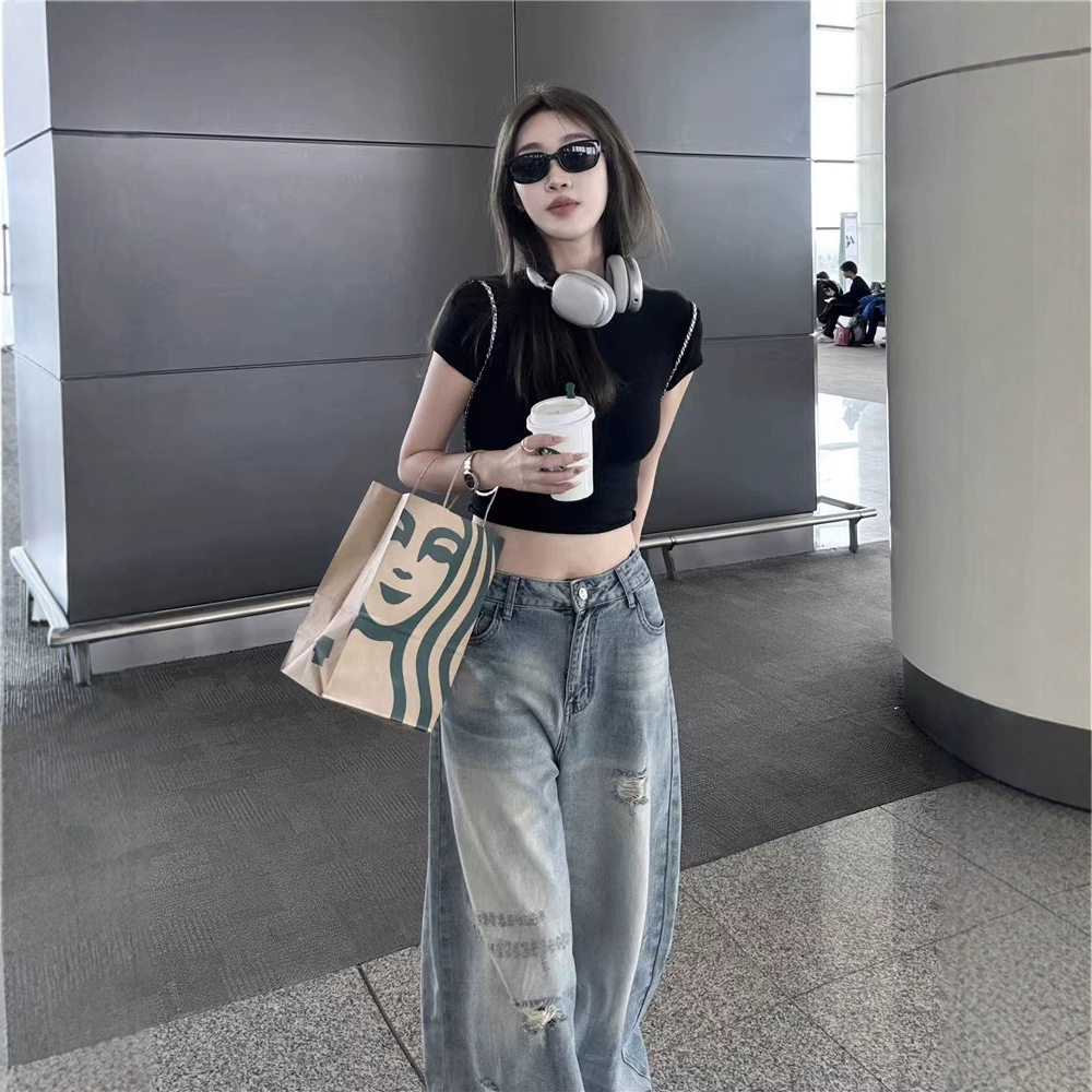 浅蓝色百搭破洞牛仔裤女新款胖mm高腰大码宽松显瘦梨形身材阔腿裤