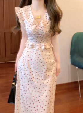法式温柔甜美风优雅小飞袖连衣裙女学生收腰显瘦拼接鱼尾A字裙