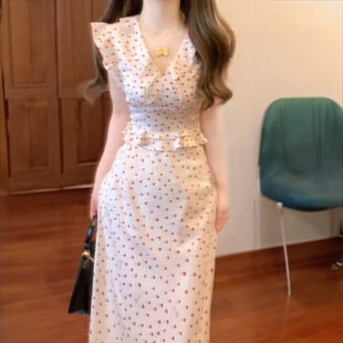 法式温柔甜美风优雅小飞袖连衣裙女学生收腰显瘦拼接鱼尾A字裙