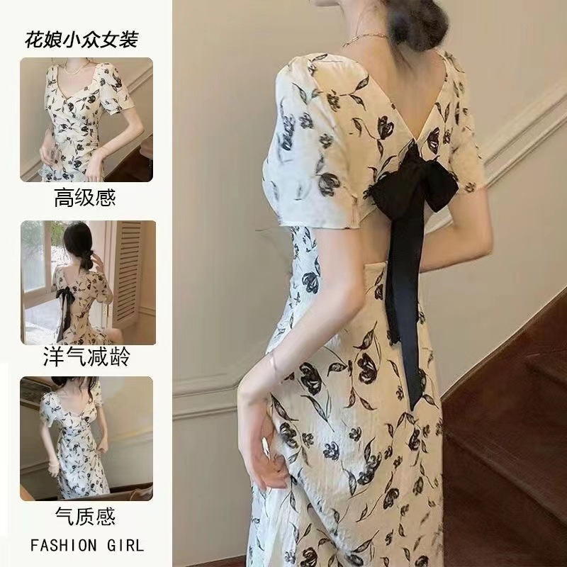 法式轻奢高级感夏新款冷淡风气质名媛小众设计露背碎花连衣裙