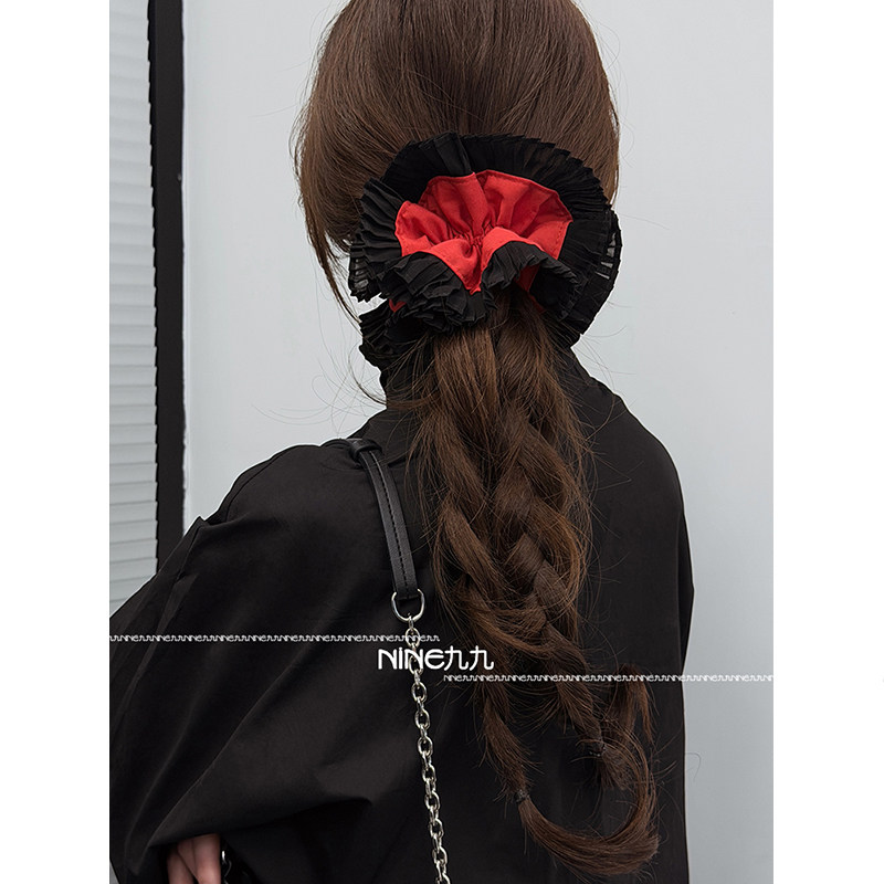 NINE九丨双层风琴褶皱红色发绳气质缎面高级感扎头发发圈新年头饰