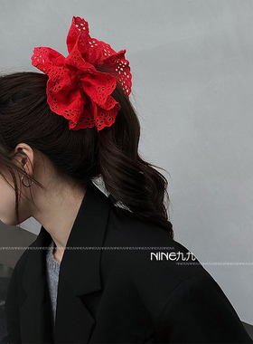 NINE九丨易梦玲同款红色发圈复古法式小众蕾丝花边大肠圈少女镂空