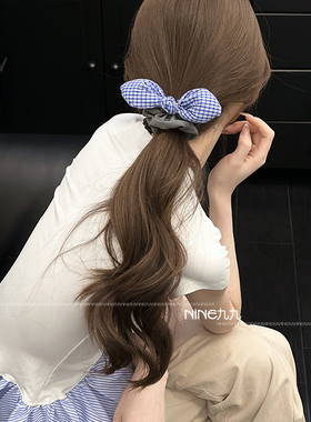 NINE九丨复古高级感灰布蓝格四件套甜美少女格纹马尾灰色方巾发箍