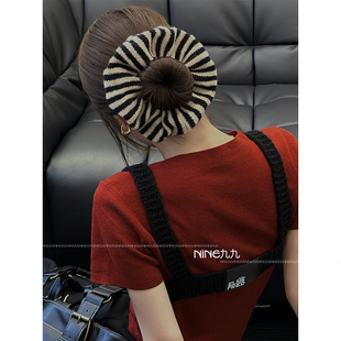 NINE九 咖系条纹毛线大肠发圈甜美少女心针织发绳丸子头皮筋发饰
