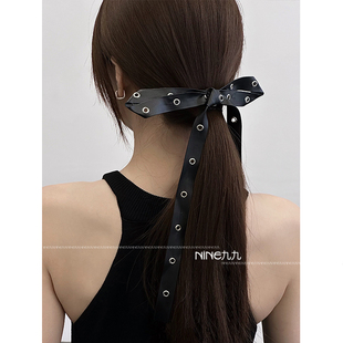 NINE九 简约黑色大蝴蝶结发夹头饰PU皮后脑勺发带高级感发夹发饰
