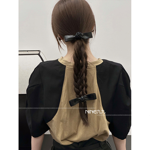 NINE九 韩国女团皮质玫瑰花蝴蝶结发夹简约小众设计感侧边夹