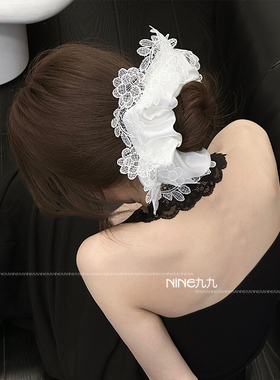 NINE九丨法式白色缎面蕾丝大肠发圈女超大慵懒风扎头发头绳头饰