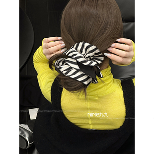 NINE九 多条纹针织大肠圈韩系百搭大蝴蝶结马尾头花高级气质发圈