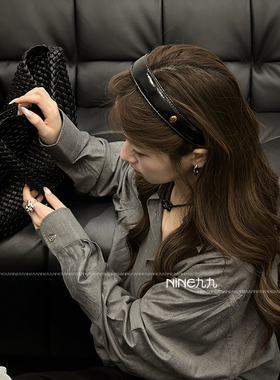 NINE九丨韩国简约PU皮压发中间打结发箍防水宽边洗脸发带气质发卡