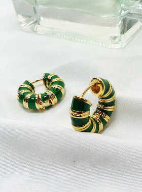 欧美复古绿色珐琅耳环女小众设计感高级气质轻奢时尚百搭耳饰D9