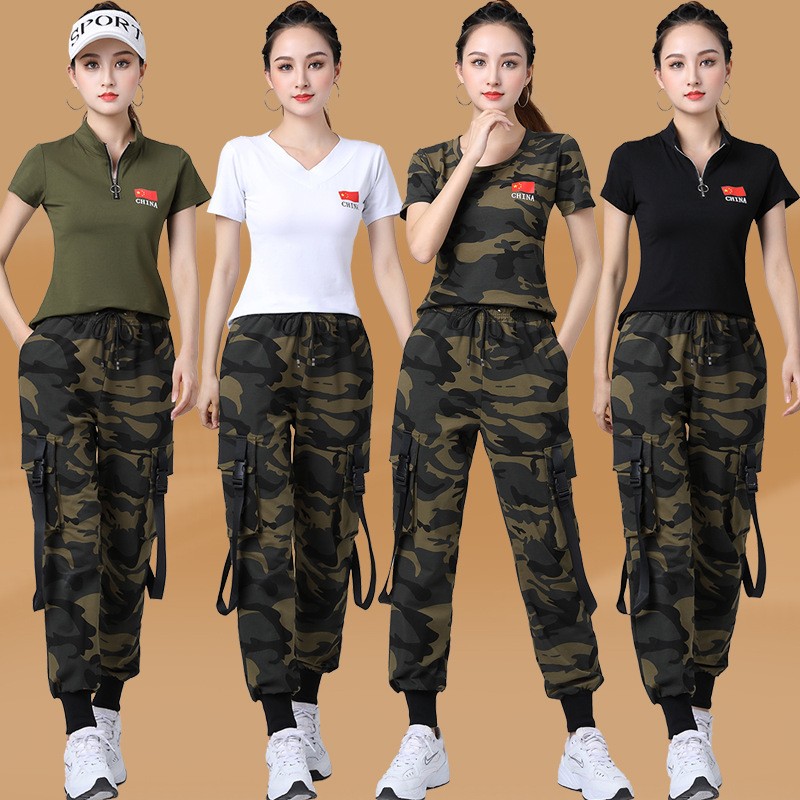 曳步舞迷彩服短袖上衣夏装女水兵舞运动军训服装广场舞飘带工装裤
