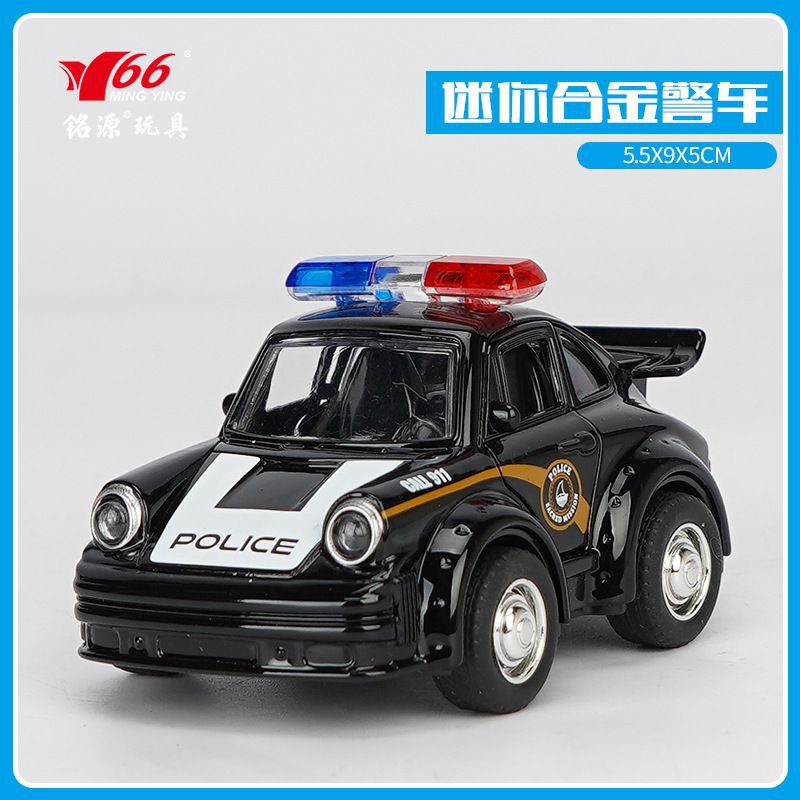 儿童Q版合金回力警车系列带灯光音乐黑色白色迷你玩具小汽车模型