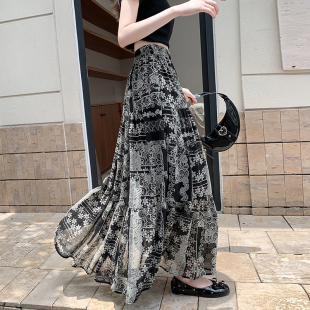 2026春装新款夏威夷印花长裙丝滑雪纺纱大摆裙松紧腰半身裙