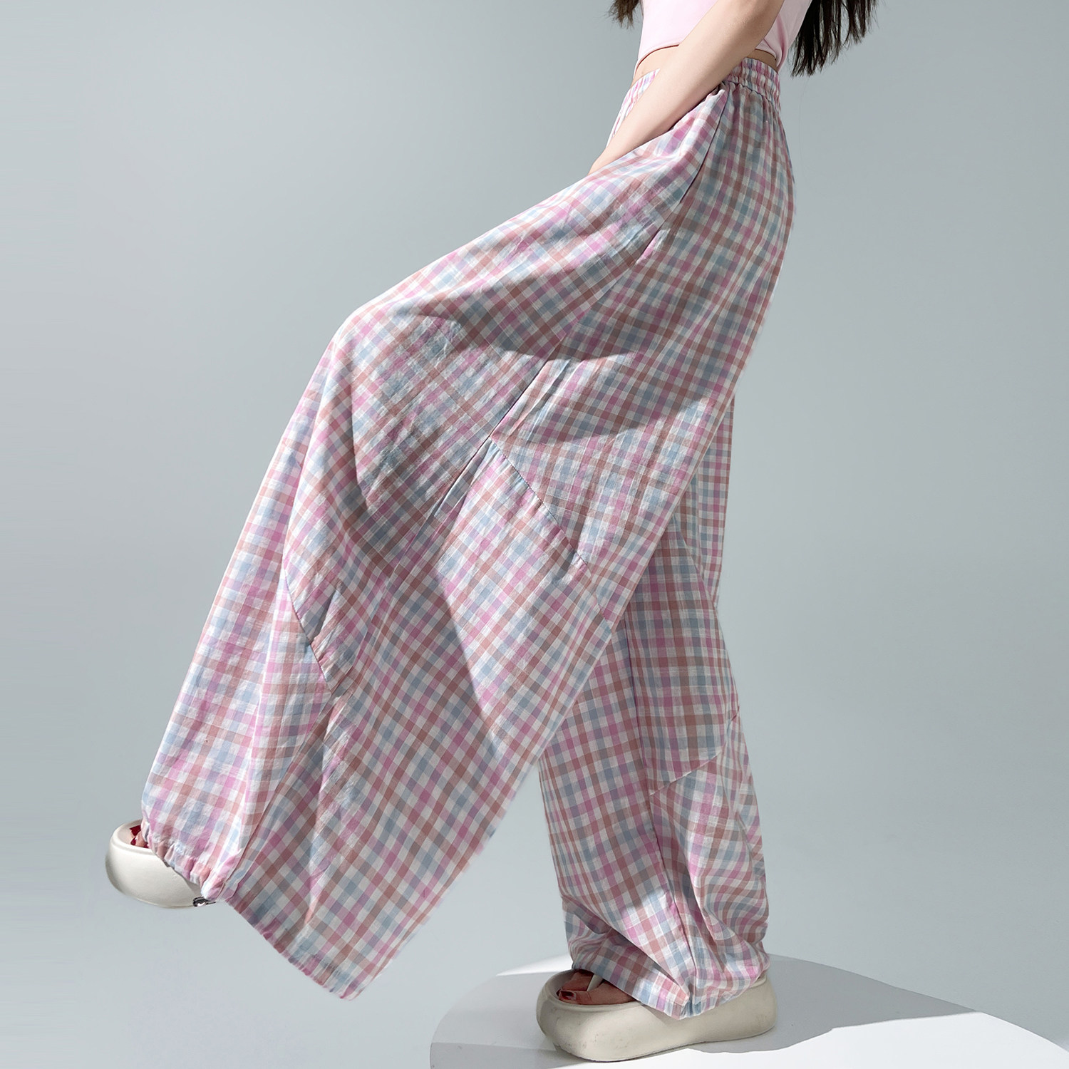 尚构夏松紧腰慵懒格子阔腿休闲裤女设计感宽松显瘦束脚工装弯刀裤