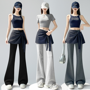 高腰显瘦百搭休闲弹力喇叭裤 女夏新款 假两件格纹屁帘空气棉微喇裤