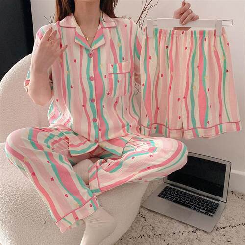 睡衣女三件套装带胸垫夏季