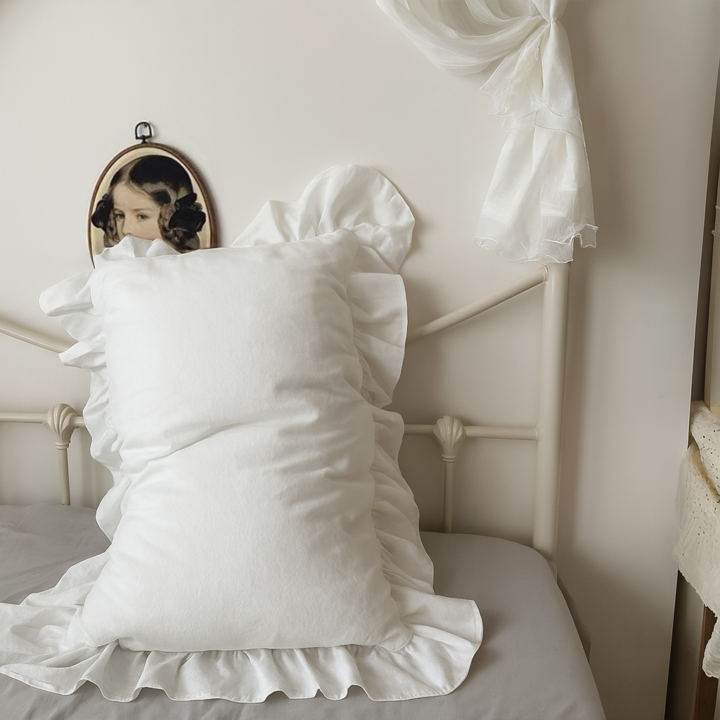 法式水洗棉枕套纯白色优雅荷叶花边一对装腰枕靠枕头芯皮套宿舍