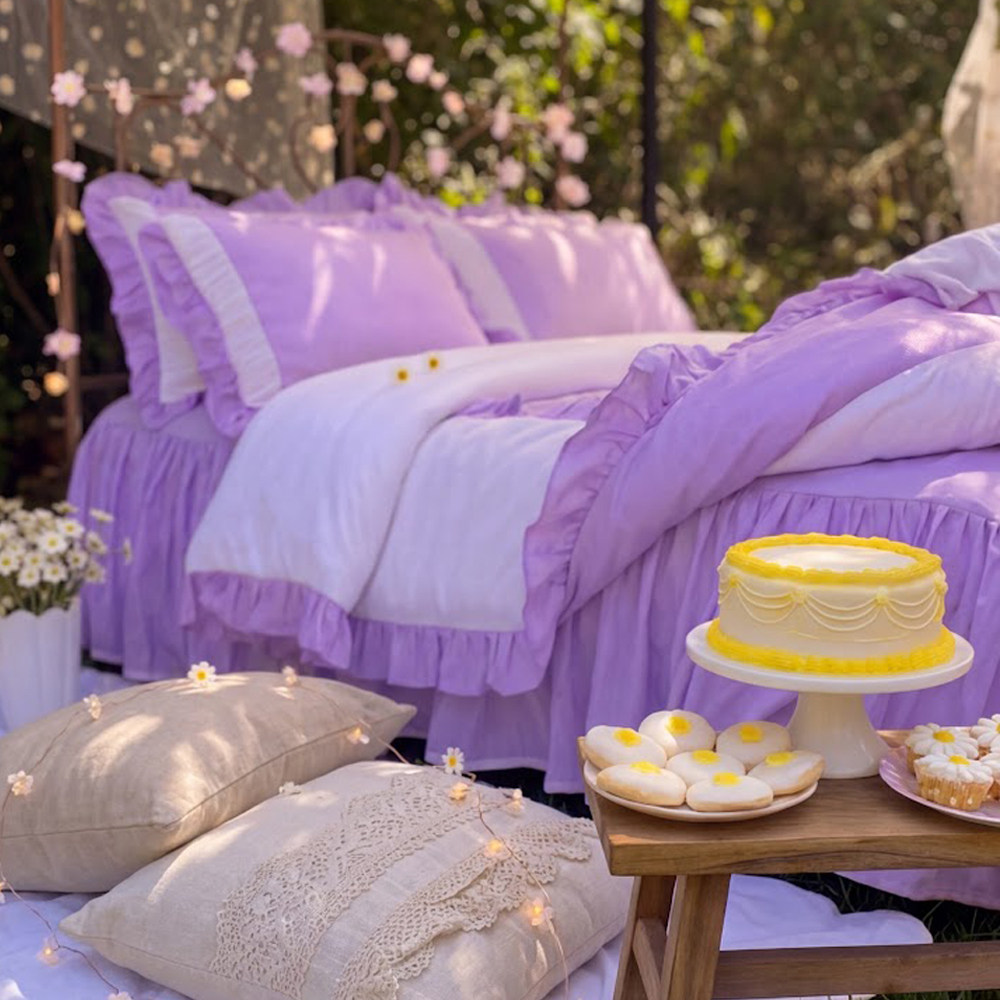 韩版时尚双拼三四件套床裙款被套全棉纯棉荷叶花边床罩紫白纯色