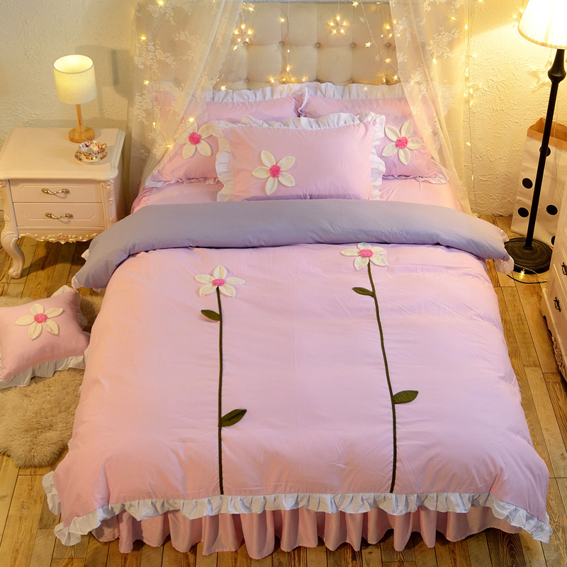 韩式全棉花朵款荷花少女心床裙式公主风四件套纯棉1.5/1.8m床品