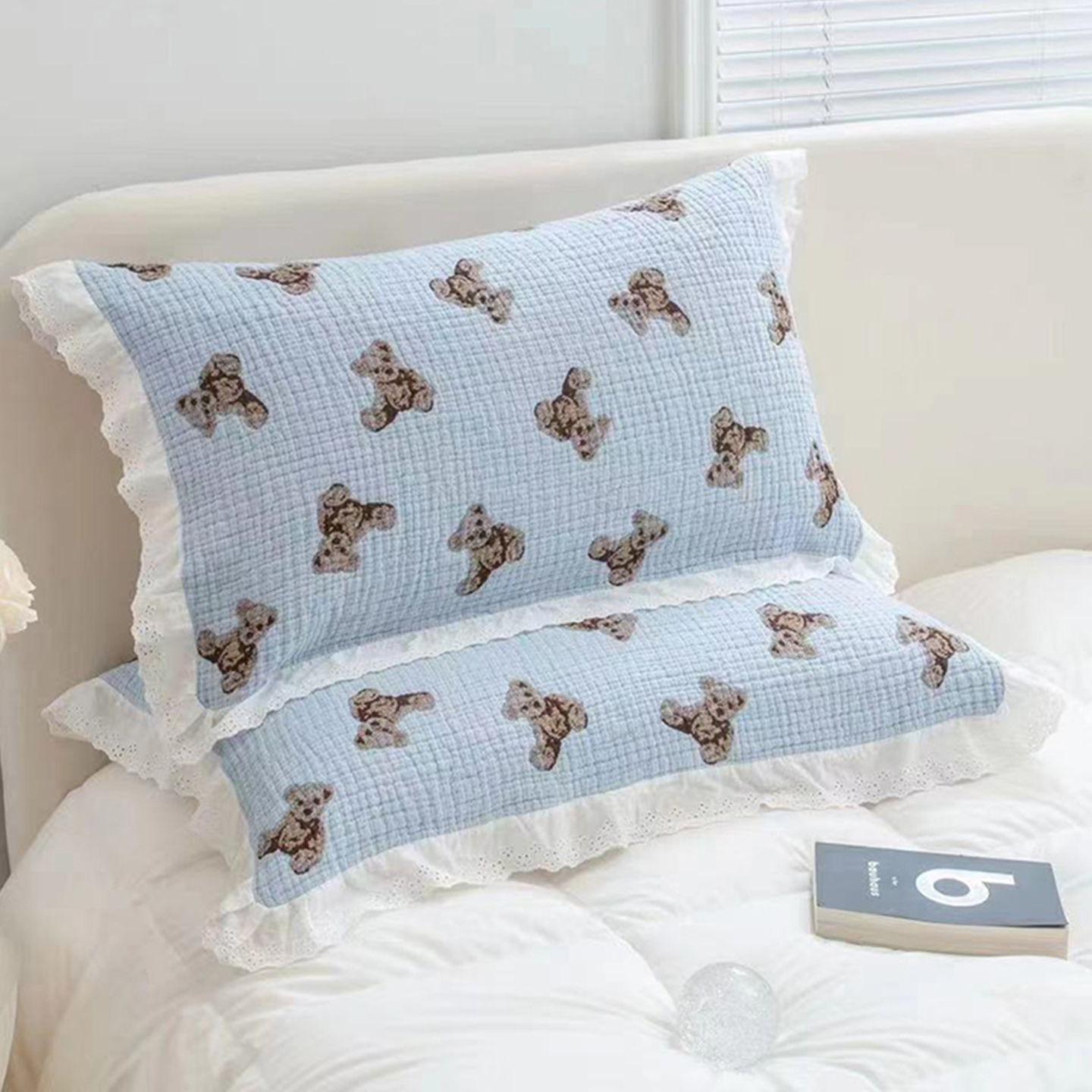 纯棉纱布枕巾柔软泡泡纱韩式花边