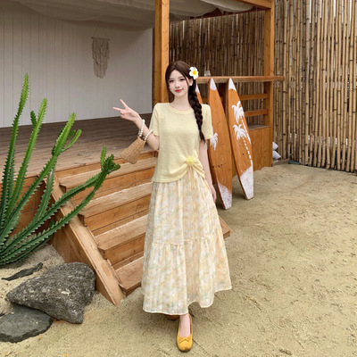 2026夏季新款韩系设计感温柔风短袖上衣+碎花半身裙大码两件套装