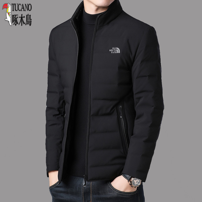 啄木鸟羽绒服羊毛翻领男士休闲轻便加厚短款修身白鸭绒外套爸爸装