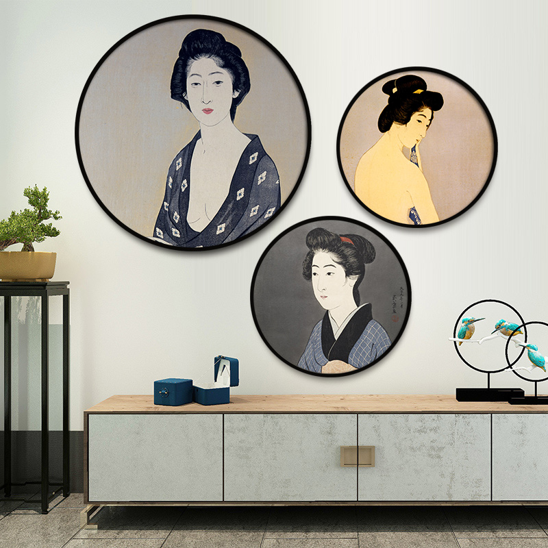 日式客厅挂画和风料理店餐厅日系仕女图圆形装饰画卧室玄关墙壁画图片