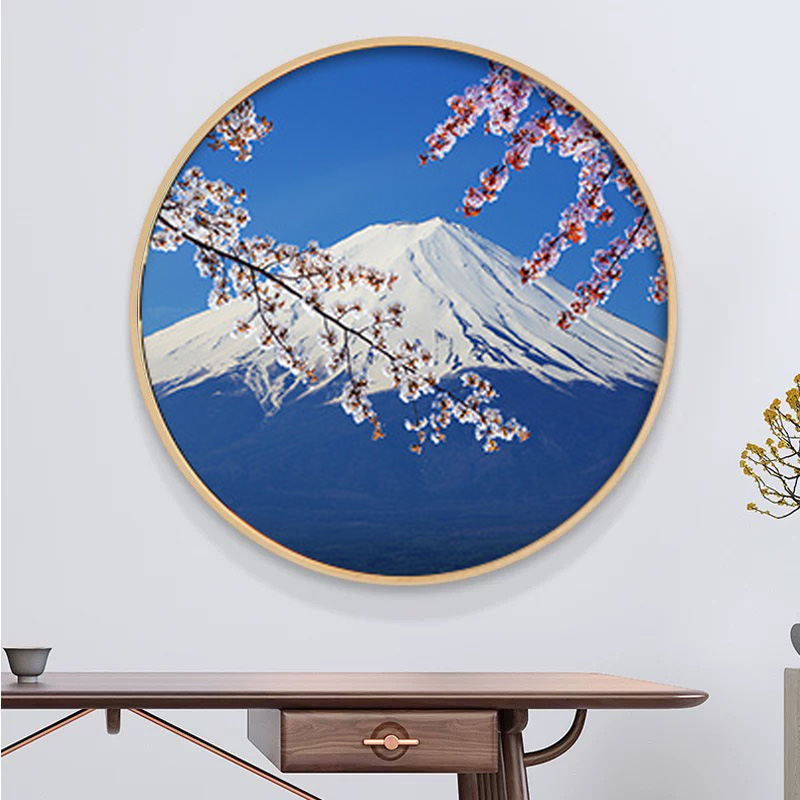 富士山玄关画和风浮世绘壁画风景居酒屋挂画日式风格圆形装饰画图片