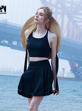 李小饭 新款黑色运动少女美背泳衣高腰裙保守沙滩分体泳衣女