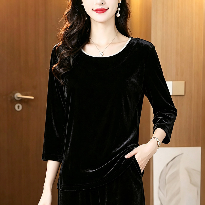黑色金丝绒女士长袖T恤显瘦