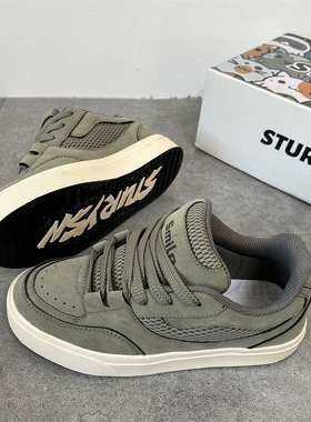 美式复古男鞋小众米绿色厚底面包鞋2026春季新款潮流百搭休闲板鞋