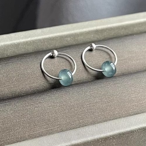 纯天然S925纯银冰种蓝水翡翠耳圈