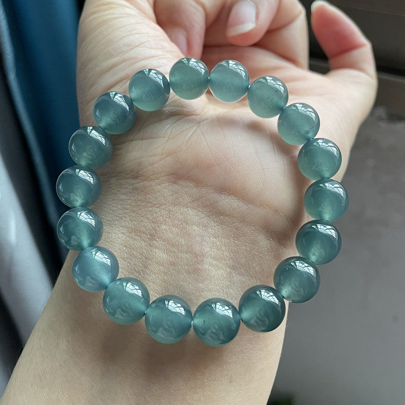 天然翡翠A货玉石冰种水润透亮深蓝绿男女圆珠手链手串9.8mm 单圈