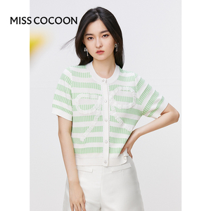 missCOCOON时尚上衣2023夏新款女减龄圆领条纹短装显瘦毛针织衫