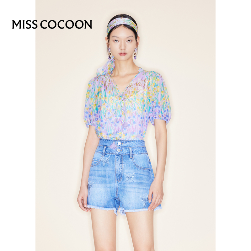 100%桑蚕丝 COCOON商场同款2024夏季多巴胺彩色假日风印花衬衫女