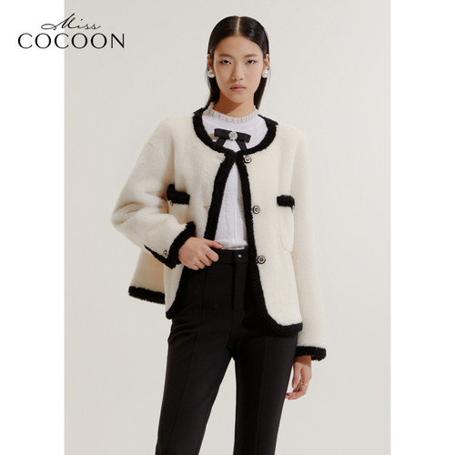 可可尼COCOON商场同款2024秋冬新款小香风羊毛黑白撞色毛呢短外套
