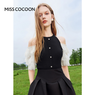 新款 女24春季 露肩上衣 撞色拼接针织衫 MISSCOCOON法式