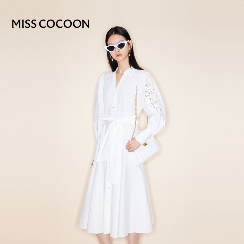 商场同款可可尼COCOON蕾丝长袖白色气质连衣裙女收腰显瘦裙子
