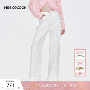 牛仔裤 MISS 女 白色薄款 新款 COCOON可可尼烫钻直筒裤 子2025夏季