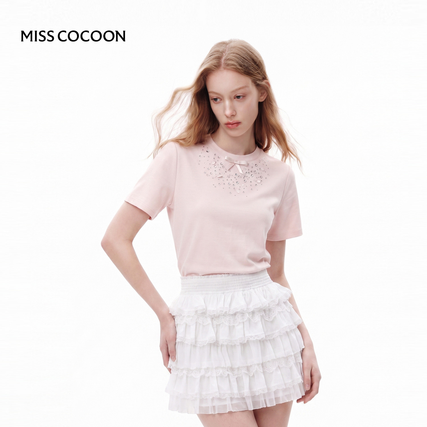 MISSCOCOON可可尼粉色圆领短袖上衣女2026夏新款钉珠正肩棉质T恤