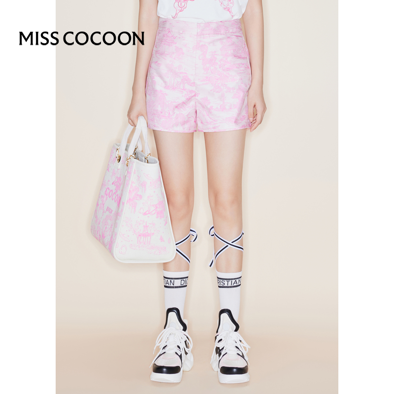 COCOON商场同款2024夏季新中式玫粉色西湖十景提花运动风短裤女