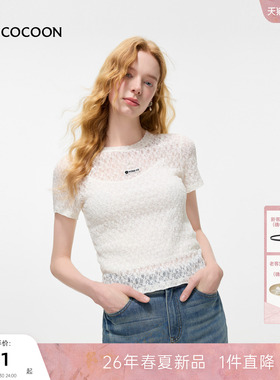 MISSCOCOON可可尼镂空圆领白色短袖女2026年新款紧身截短蕾丝T恤
